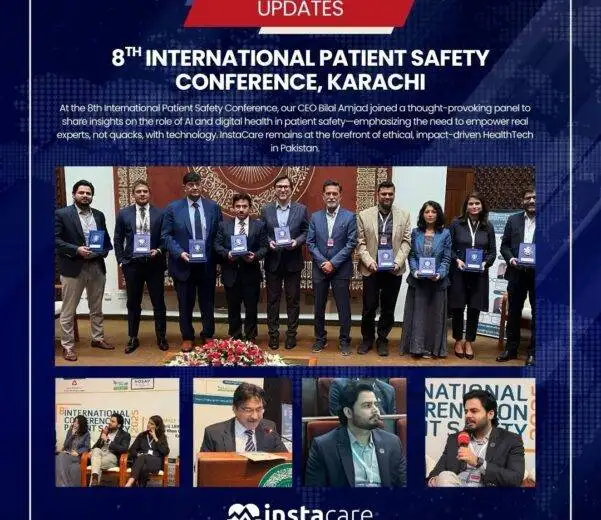 InstaCare CEO Bilal Amjad speaking at the 8th International Patient Safety Conference 2023 in Karachi, emphasizing ethical AI in healthcare.
